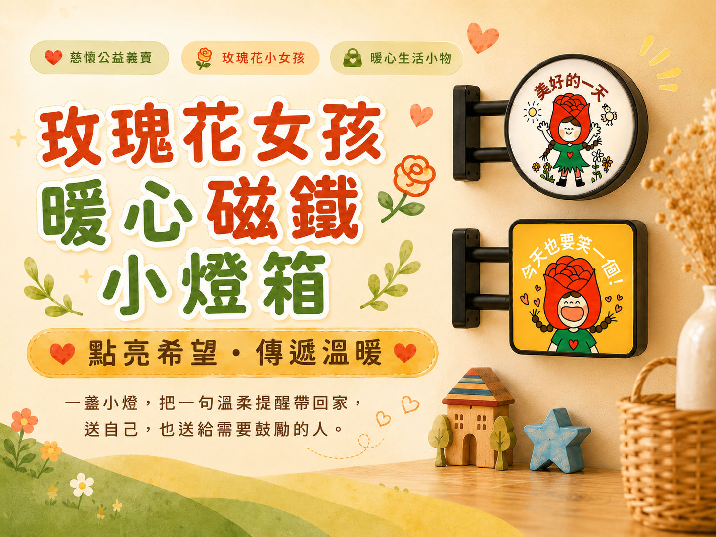 ▎愛心義賣品  ▎玫瑰花女孩暖心磁鐵小燈箱